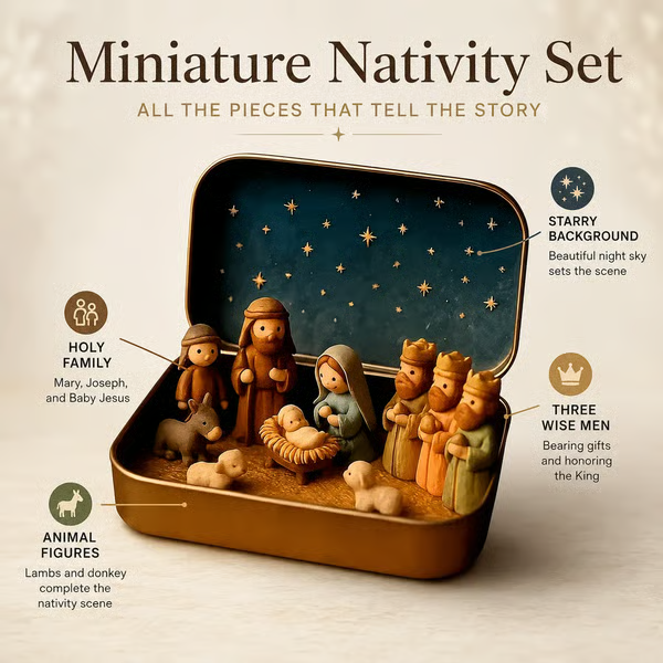 ✝️ Mini Nativity Scene Keepsake Tin — Pocket-Sized Christmas Holy Family Set